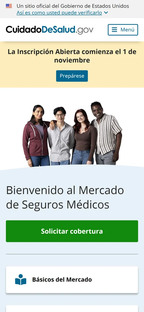 Portada de CuidadoDeSalud.gov en el móvil: «La Inscripción Abierta comienza el 1 de noviembre» y «Bienvenido al Mercado de Seguros Médicos»