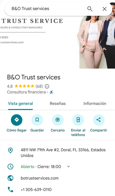 Captura de la ficha de B&O Trust services en Google Maps: 4,8 estrellas con 68 reseñas, consultora financiera, 4811 NW 79th Ave #2, Doral, FL 33166, cierra a las 18:00, botrustservices.com, +1 305-639-0110