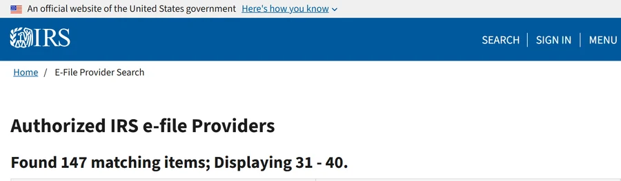 Captura del buscador de proveedores autorizados de e-file del IRS: B&O TRUST SERVICES y B&O TRUST SERVICES LLC, 4811 NW 79th Ave, unidad 2, Doral, FL 33166, contacto Osvaldo J. Posada Avila, tipo de servicio Electronic Return Originator