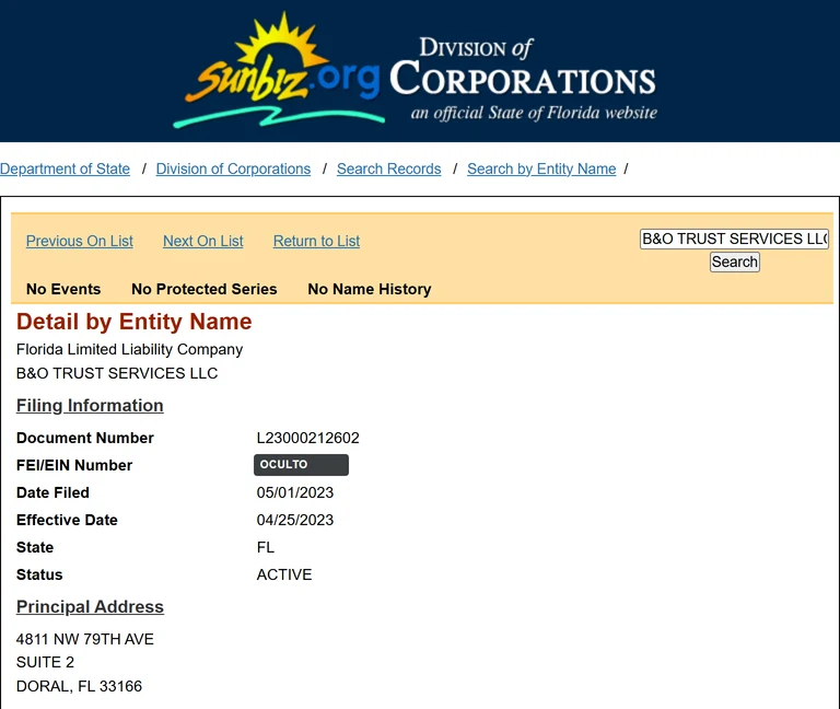 Captura de la ficha de B&O TRUST SERVICES LLC en Sunbiz: Florida Limited Liability Company, documento L23000212602, presentada el 05/01/2023, estado ACTIVE, dirección principal 4811 NW 79th Ave, Suite 2, Doral, FL 33166