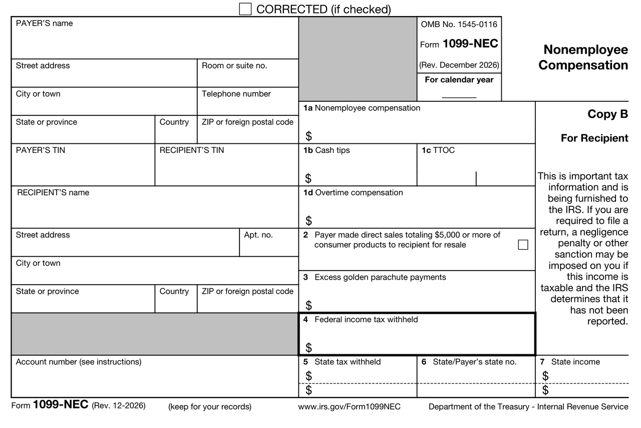 Formulario 1099-NEC del IRS (Copy B), en blanco