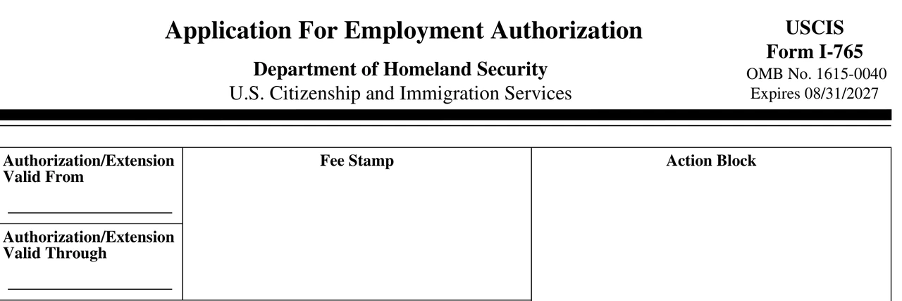 Blank USCIS Form I-765 (Application For Employment Authorization)