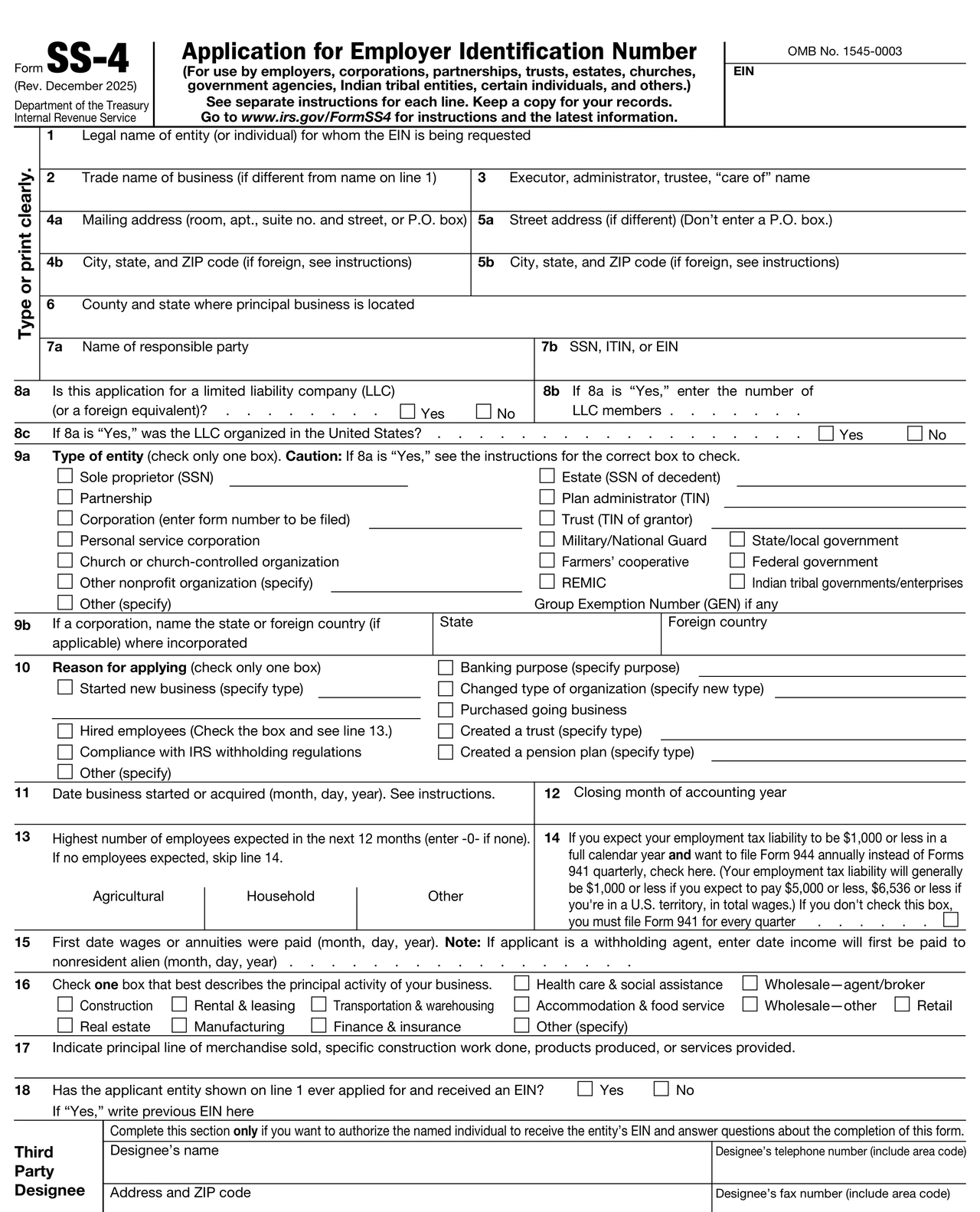 Blank IRS Form SS-4, page 1