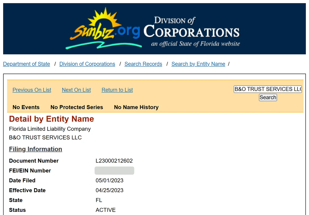 Screenshot of the public Sunbiz page for B&O TRUST SERVICES LLC: Florida Limited Liability Company, filed 05/01/2023, status ACTIVE