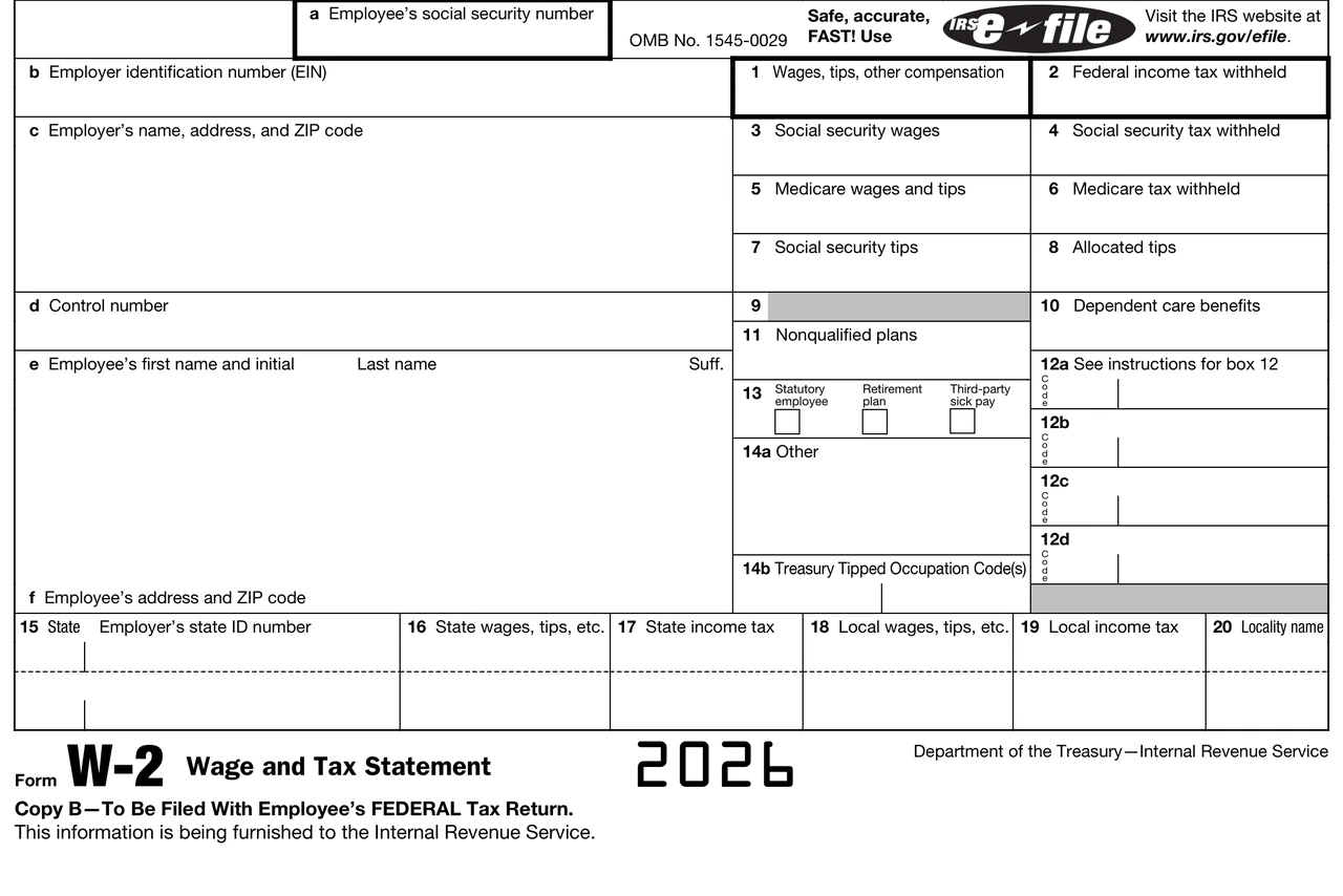 Formulario W-2 del IRS (Copy B), en blanco